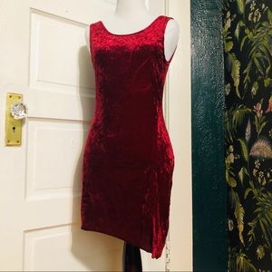 Wine Red Asymmetrical Velvet Dress | Small